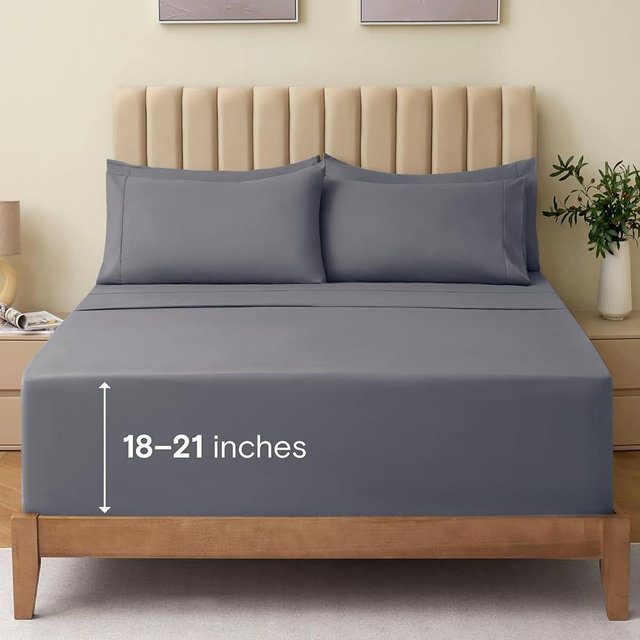 LuxClub 5 PC Split King Sheet Set Bed Sheets Deep Pockets 18" Wrinkle Free Cooling Sheets Machine Washable Hotel Bedding Silky Soft - Light Grey Split King
