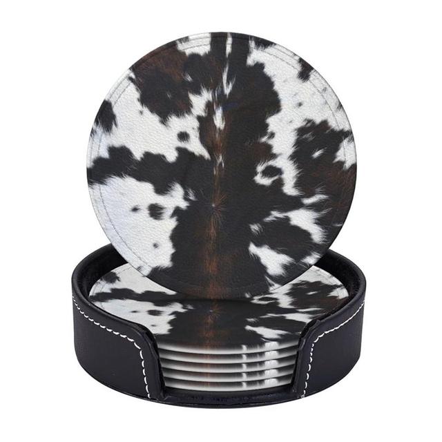 Cow Print Coasters for Drinks with Holder Round Leather Coasters Set of 6 Cups Mugs Mat Pad for Home Kitchen Bar