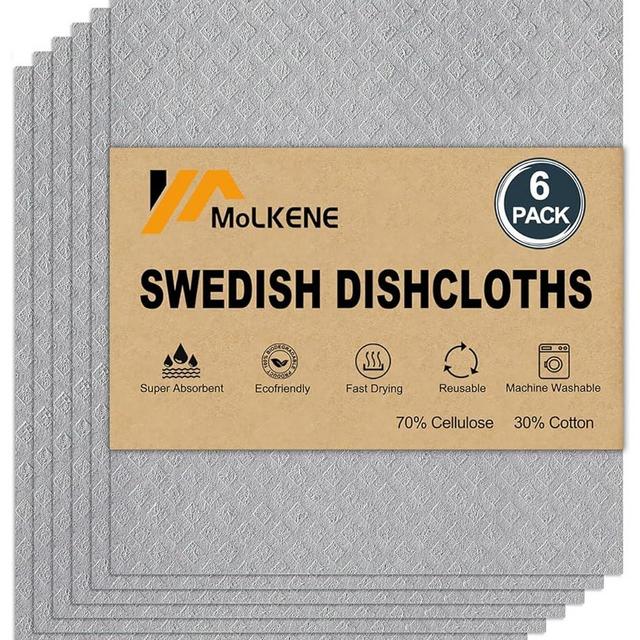 MoLKENE Swedish Dishcloths for Kitchen | 6 Pack Absorbent Cellulose Sponge Cloths Washable | Non-Scratch Reusable Paper Towels Quick Drying Cleaning Cloths - Grey