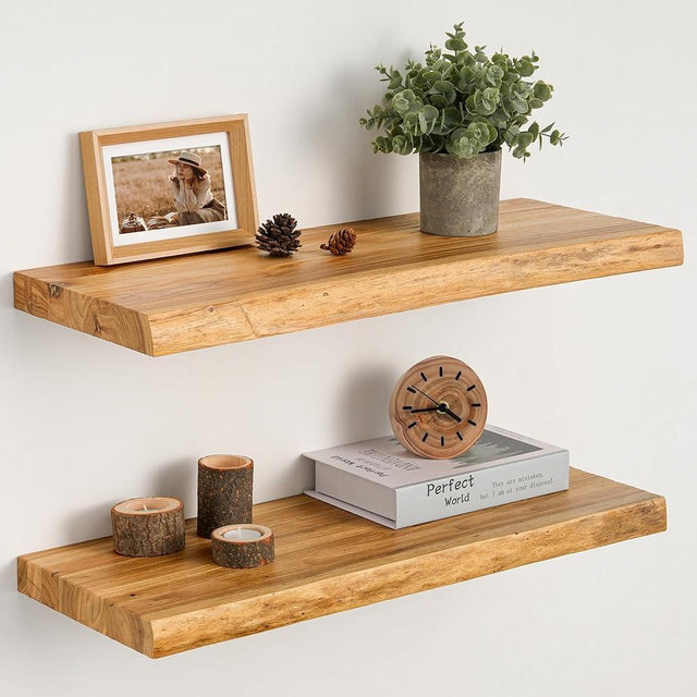 Realgulf Floating Shelves Set of 2, Solid Elm Wood Wall Shelves 24 Inch - Invisible Bracket Mount for Living Room, Bedroom, Kitchen, Bathroom - Natural