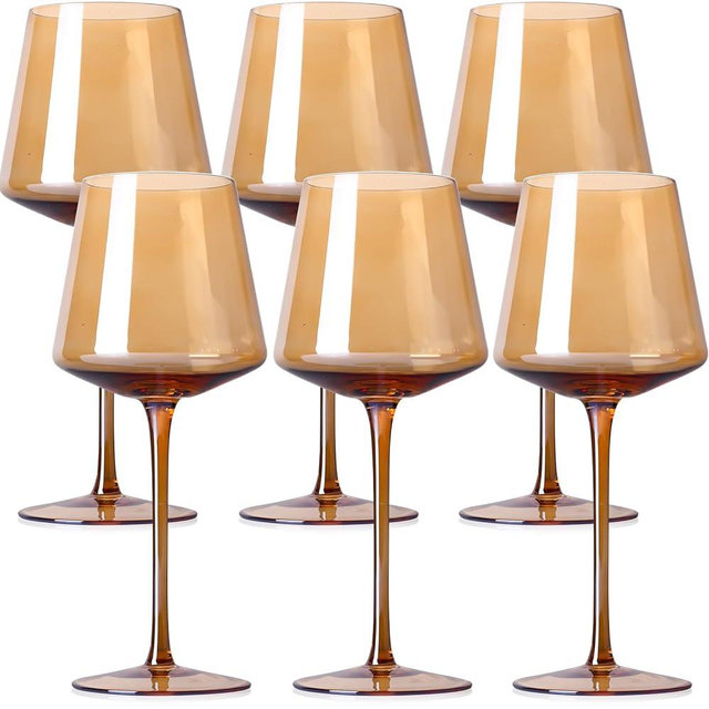Amber Wine Glasses Set of 6 - Hand-Blown Crystal Wine Glasses Set of 6 with Stems, Unique 16oz Red & White Wine Glasses For Dinner, Party, Wedding, Christmas,etc