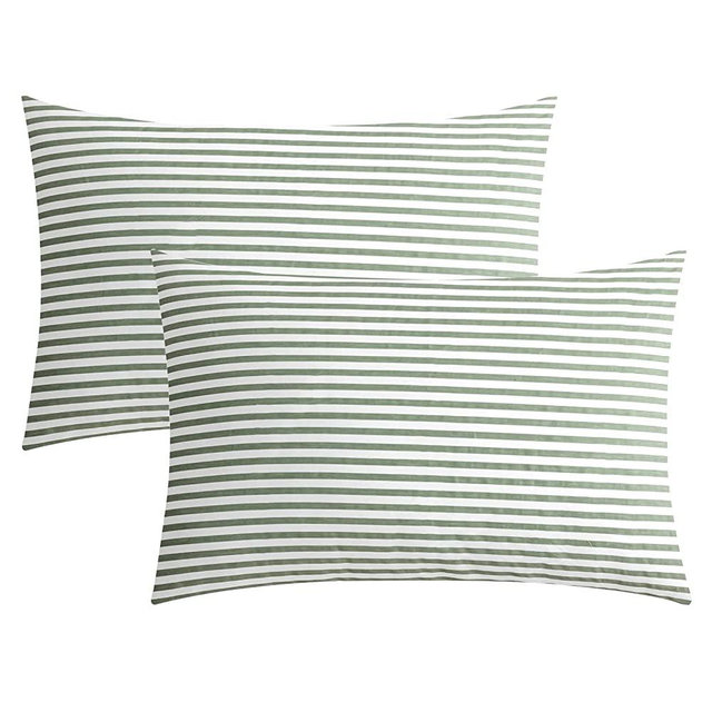 JELLYMONI 100% Natural Cotton Striped Standard Pillowcases Set, 2 Pack White and Green Stripes Pattern Printed Pillow Covers with Envelope Closure(Pillows are not Included)