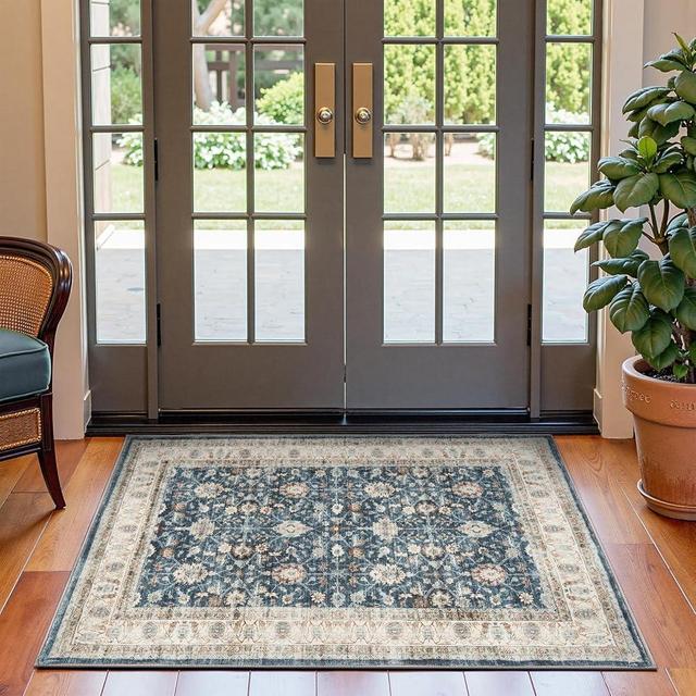jinchan Vintage Area Rug 3x5 Entryway Washable Floral Oriental Accent Distressed Indoor Doormat Small Non Slip Soft Lightweight Rug Retro Carpet for Entrance Kitchen Bathroom Bedroom Blue