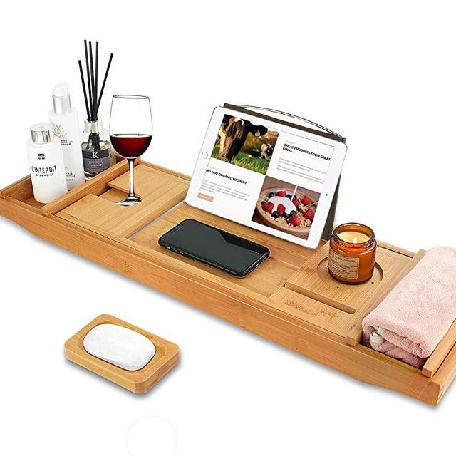 HOME OF HOME Luxury Bamboo Bathtub Caddy Tray with Extending Sides,Bath Caddy Tray for Two Persons (Natural)