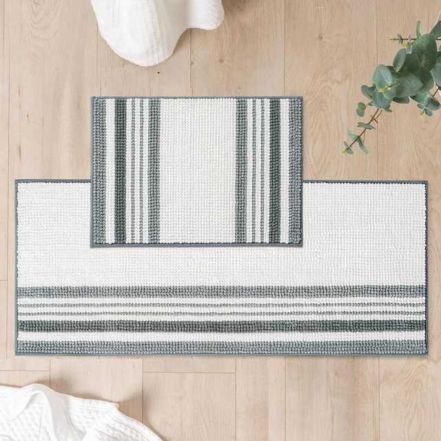 FRESHMINT Stripe Chenille Bathroom Rugs Sets 2 Piece 17"x24"+20"x47", Large Bath Mats for Bathroom Floor Non-Slip, Washable Bath Rugs Set, Water Absorbent Shower Floor Mat, Grey and White