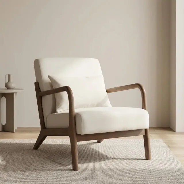Mid-Century Modern Accent Chair, Reading Armchairs with Waist Cushion & Wood Frame for Living Room, Bedroom, Sunroom, Beige Linen - ModernLuxe