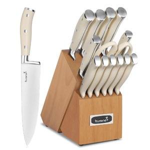 Kuisine Kitchen Chef Knife Block Set,High Carbon Stainless Steel Razor-Sharp Blade Ergonomic Handle,Sharp Knife Set with Built-in Sharpener,Elegant Gift(Irovy-Acacia,15pcs)