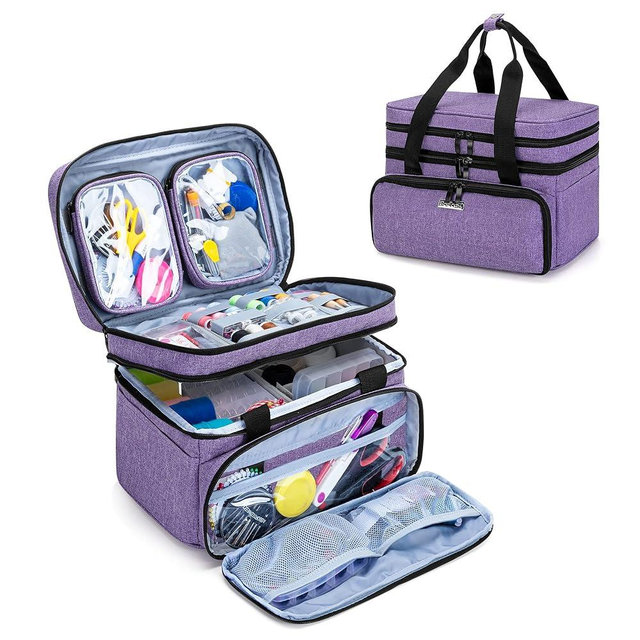 BAFASO Double Layer Sewing Accessories Organizer with 2 Detachable Pouches, Large Sewing Storage Bag for Sewing Tools (Bag ONLY), Purple