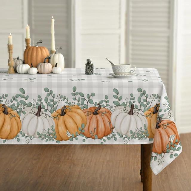 Horaldaily Fall Tablecloth 52x70 Inch Rectangular, Thanksgiving Autumn Harvest Orange Pumpkin Buffalo Plaid Table Cover for Party Picnic Dinner Decor
