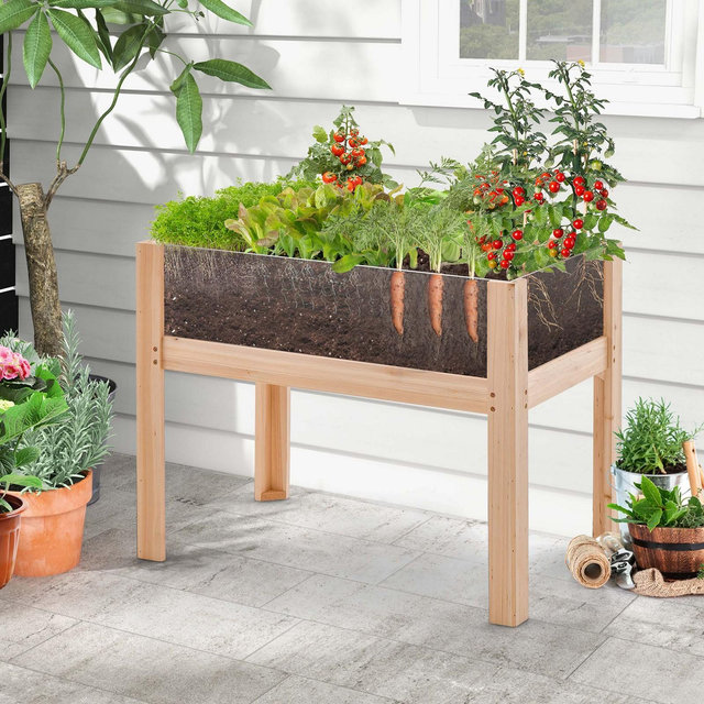 Costway Raised Wooden Garden Bed 24" Elevated Planter Box Plant Terrarium with Drain Holes