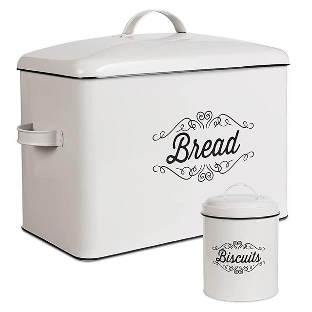 nonacasa Farmhouse Bread Box For Kitchen Countertop Extra Large Bread box White Bread Container with Matching Biscuit Tin in Metal, Rustic Bread Boxes For Kitchen Counter (Farmhouse Styling)