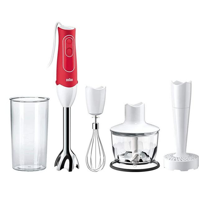 Braun MultiQuick 5 Immersion Hand Blender Patented Technology - Powerful 350 Watt - Dual Speed - Includes Beaker, Whisk, 2-Cup Chopper, Masher, 536, Red