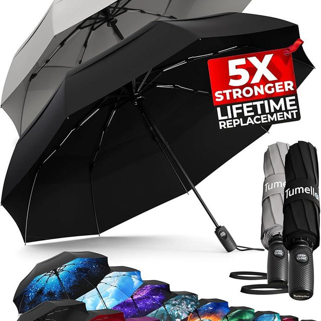 TUMELLA Strongest Windproof Travel Umbrella (Compact, Superior & Beautiful), Small Strong but Light Portable and Automatic Folding Rain Umbrella, Durable Premium Grip, Fits Car & Backpack