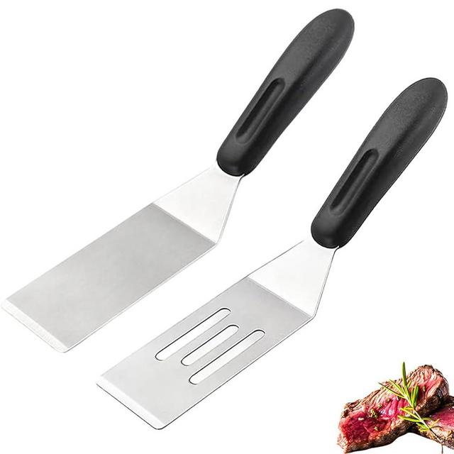 2-Pieces Small Metal Spatula Set, Mini Metal Spatulas for Kitchen Use, Stainless Steel Spatula for Flipping, Serving, Turning Pancakes, Eggs, Brownies, Cookies, Cakes (1 PC SLOTTED+1PC SOLID)