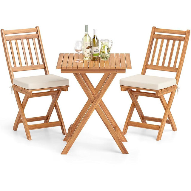 Tangkula Acacia Wood Patio Bistro Set of 3, Outdoor Folding Chair Table Set with Soft Seat Cushions, High Back Armless Chairs with Table, Patio Cushioned Dining Set for Backyard, Poolside (Off White)