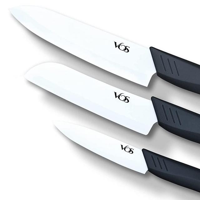 Vos Ceramic Knife Set with Covers 3 Pcs - 6" Chef Knife, 5" Santoku Knife, 4" Paring Knife, 3 Covers - Ideal Kitchen Knives for Fruit, Vegetables and Meat - Elegant Gift Box (Black)