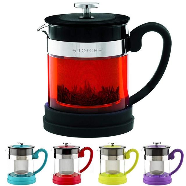 GROSCHE Valencia Personal Sized Teapot 20 oz. / 600 ml Made with Borosilicate Glass, Stainless Steel and Silicone (Black)