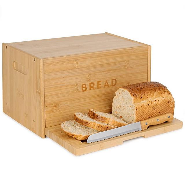 BAMBULA 3in1 Bamboo Bread Box for Kitchen Countertop with Pull-Out Cutting Board - Large Wooden Bread Box Perfect for Rustic Farmhouse Decor - Ventilated Bread Bin Keeps Bread Fresher