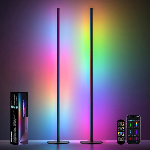 Corner Floor Lamp 2 Pack, 55" Minimalist Standing Lamp with Remote Control, Music Sync 16 Million Colors, Warm White Ambient Lighting, Color Changing LED Corner Lamp for Living Room Bedroom Gaming