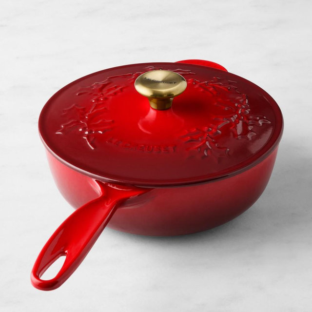 Le Creuset Enameled Cast Iron Holly Saucier, 2 1/4-Qt., Red with Brass Knob