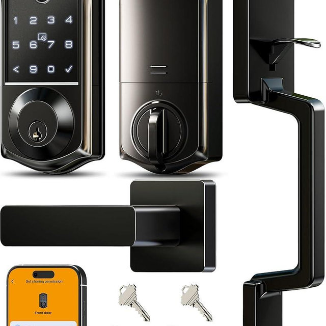 Veise VE017-D Smart Fingerprint Front Door Lock Set, App Control, 8-in-1 Keyless Entry Deadbolt with Lever Handle, Touchscreen Keypad, IP55 Weatherproof, Auto Lock, Easy Install, Matte Black