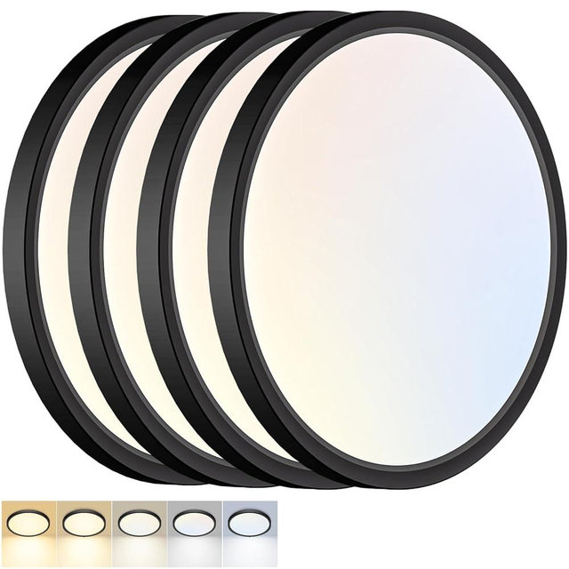 Fairdeer 4 Pack LED Flush Mount Ceiling Light,12Inch 24W,3000K/3500K/4000K/5000K/6500K 5 Color Temperatures Ceiling Light Fixture for Kitchen Porch Hallway Bedroom Bathroom and Closet,Black