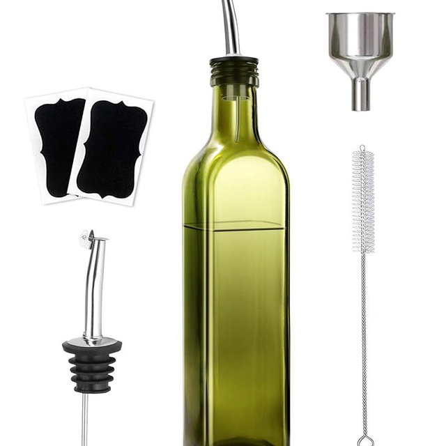 Leaflai Olive Oil Dispenser Bottle, 1 Pcs Green Glass Olive Oil Dispenser and Vinegar Dispenser Set with 2 Stainless Steel Pourers, 2Labels,1 Brush and 1 Funnel Oil Bottles for Kitchen, 17 oz(500ml)