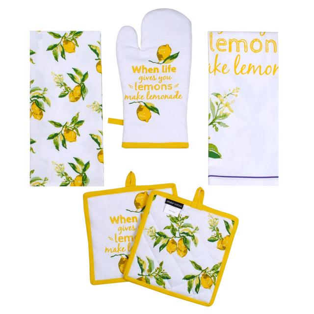 AMOUR INFINI Citrus Splash 5 Pack Kitchen Set | 100% Cotton Machine Washable | 2 Kitchen Towels, 2 Pot Holders and Oven Mitt | Perfect for Gifting, Baking and Everyday Cooking