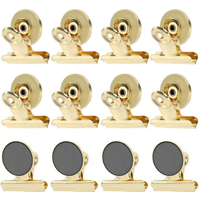 GRTARD Magnetic Clips with Anti-Scratch Sticky Pads 12pack Strong Magnet Heavy Duty Clips, Magnets for Fridge Clip, Magnets Whiteboard Clip, Non-Scratch Metal Magnet Clip (Gold)