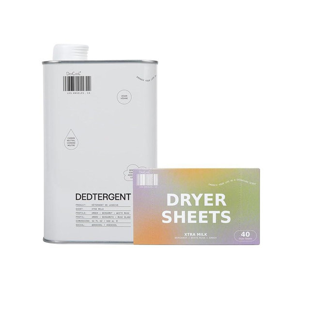 DedCool Liquid Laundry Detergent & Dryer Sheets Bundle | Xtra Milk | Bergamot, Vanilla & Amber | Stain-Removing Formula | Softens & Freshens | Non-Toxic, Vegan