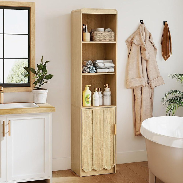ORRD Narrow Tall Bathroom Storage Cabinet, Freestanding Storage Cabinet with Open Storage Compartments and Adjustable Shelf for Small Space, Bathroom, Living Room, Kitchen, (Natural)
