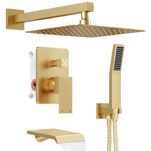 HomGoo Shower System with Tub Spout, Shower Faucet Set with 10-Inch Rain Shower Head, Handheld Shower head and Shower Faucet Trim valve, Wall Mounted Bathroom Shower Combo Set,Gold
