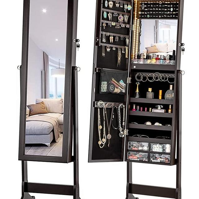 LUXFURNI LED Light Jewelry Cabinet Standing Mirror Makeup Lockable Armoire, Large Storage Organizer w/Drawers (brown, L)