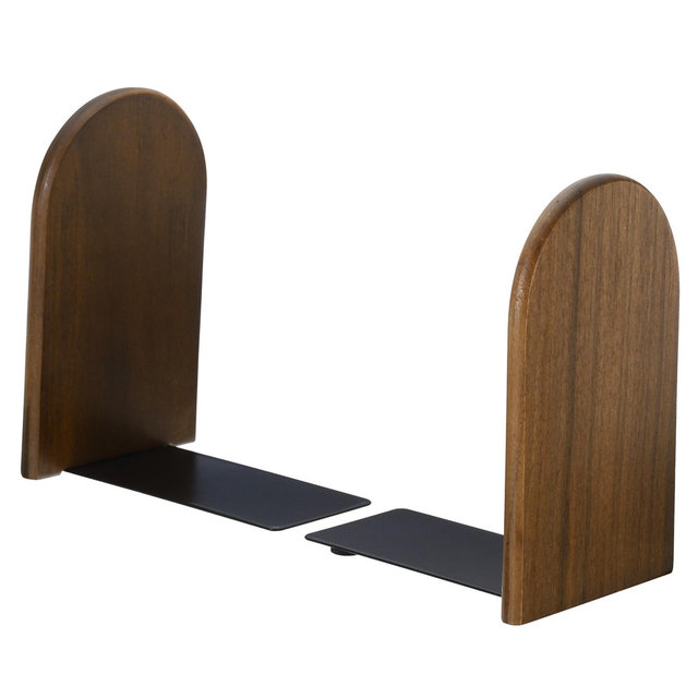 Unique Bargains Non-skid Round Head Wood Bookend with Metal Base 2 Pcs Walnut Wood