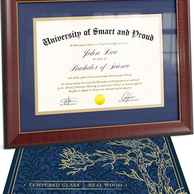 Wooden College Diploma Frame 8.5 x 11 with Mat (Blue /w Golden Rim) — Real Wood, Real Glass — Gift-Ready Packed Graduation Gift — Certificate Holder — Document Frame For Bachelors and Masters Degree