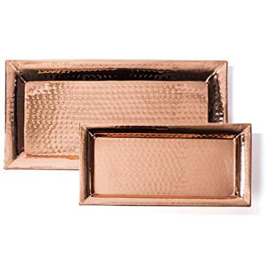 Colleta Home Hammered Tray – Set of 2, Serving Platter 16x8 Inch, Rectangular Serving Dish 12x6 Inch, Pure Copper, Stackable - Nesting Trays