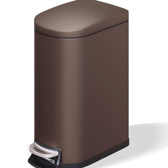 Garvee 2.6 gal / 10 L Metal Bathroom Trash Can with Lid, Slim Waterproof Garbage Can for Bedroom, Small Step-on Trash Bin with Inner Bucket, Rear Handle, Soft Close Lid, Brown