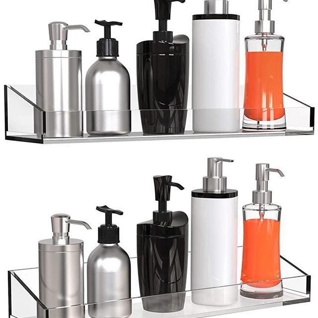 Vdomus Acrylic Bathroom Shelves, Wall Mounted no Drilling Thick Clear Storage & Display shelvings, 2 Pack (Original)