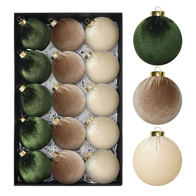 15 PCS Green and Brown Velvet Balls Ornaments for Christmas Tree, 3.15" Large Balls Velvet Christmas Ornaments Set Decor for Tree Mantle Wreath, Neutral Vintage Shatterproof Xmas Indoor Home Decor