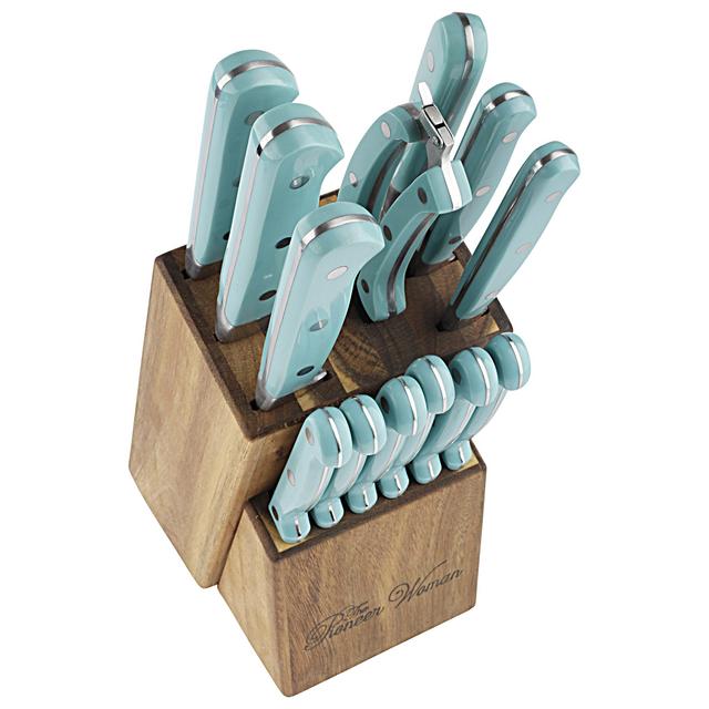 The Pioneer Woman Frontier Collection 14-Piece Cutlery Set with Wood Block, Teal