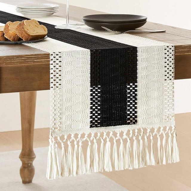 ZeeMart Macrame Style Bicolor Stitching Table Runner, 14 x 90 Inch Black/Ivory, Boho Black Table Runners 90 Inches Long, Farmhouse Woven Home Decor