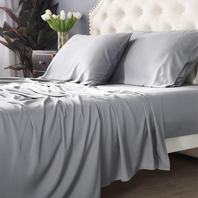 Bedsure 100% Bamboo Sheets Set Full Size Light Grey - Cooling Bamboo Bed Sheets for Full Size Bed with Deep Pocket 4PCScs