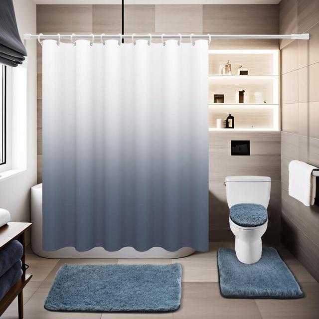Ombre Dark Grey Shower Curtain Set 4 Piece Bathroom Sets with Shower Curtain and Rugs and Non Slip U Shaped Toilet Rugs Luxury Bathroom Decor Sets