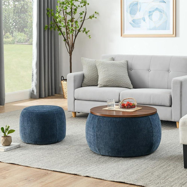 TTK Round Ottoman with Storage Set of 2, 25" Large Upholstered Storage Ottoman Set Coffee Table with Removable Wood Tray, Modern Circle Foot Stool Padded Bench Ottomans for Living Room (Blue)