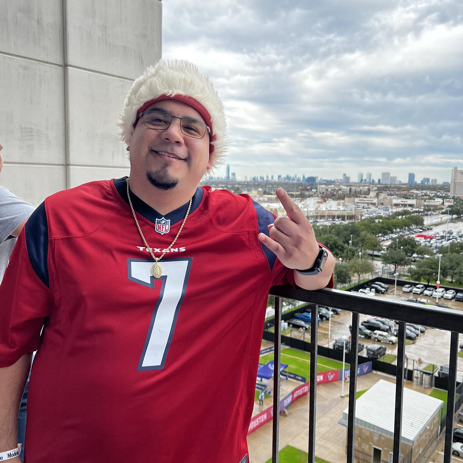 Mike at his holiday Texans game! A Christmas gift from his son, Chuy