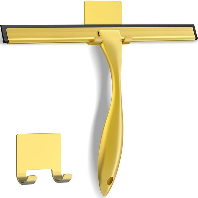 All-Purpose Stainless Steel Shower Squeegee for Shower Glass Door with Adhesive Hook, Bathroom Cleaner Tool Household Window Mirror Squeegee for Glass Doors, Cleaning Tile Wall, Car, 14 inch, Golden
