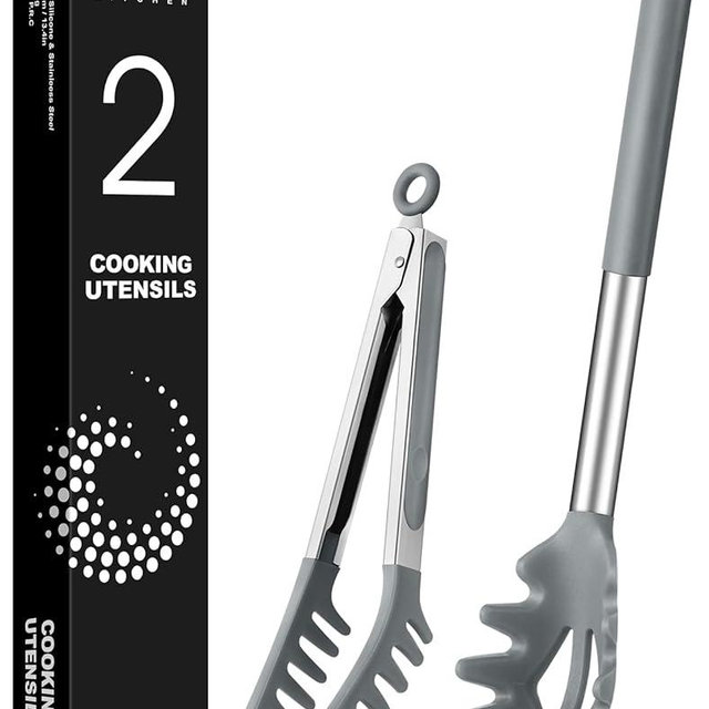 Spaghetti Spoon and Pasta Tong, Non-stick Silicone Spoon Server Fork With Teeth and Stainless Steel Handle, Food Clip for Noodles (Grey)