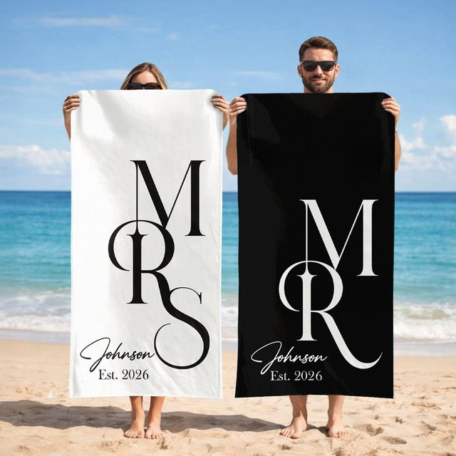 Custom Couple Beach Towel, Personalized Mr. and Mrs. Beach Towels, Honeymoon Present For Newlywed, Bridal Shower Gift,Couple or Single Towel