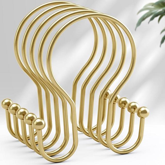 AmazerBath Shower Curtain Hooks Gold Shower Curtain Rings, Simple Double Hook Shower Curtain Hooks Rust Proof, Sturdy Metal Smooth Glide Shower Hooks for Shower Curtain Rod, 12 Pcs Shower Rod Hooks