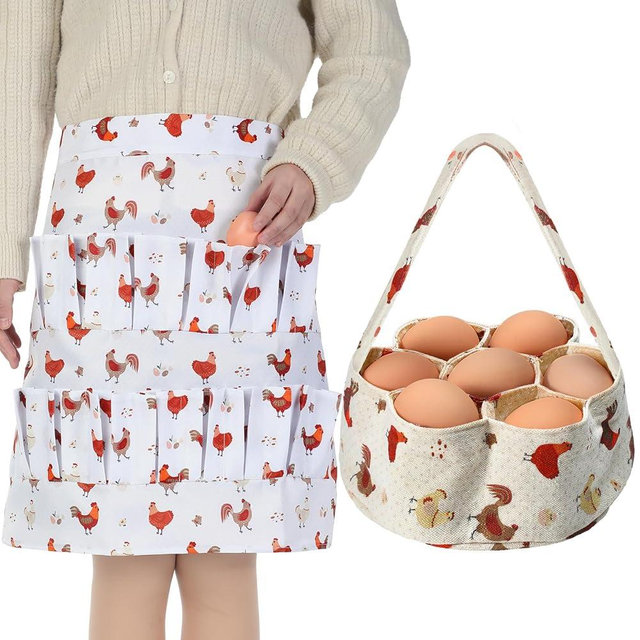 Silicherry 2 Pcs Egg Collecting Apron Chicken Egg Gathering Basket with 7 Pouches Holding Apron with 15 Pockets